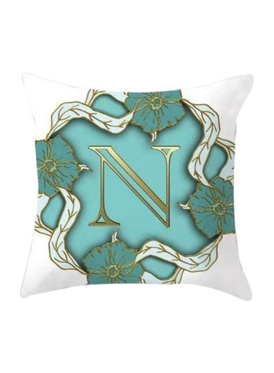 Buy Letter N Floral Printed Cushion Cover White/Green/Gold 45x45cm in UAE