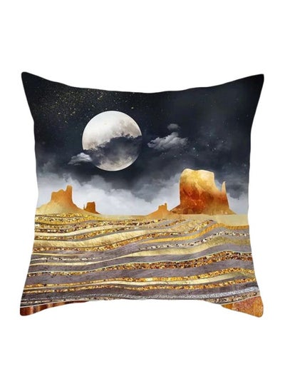 Buy Marble And Mountain Printed Cushion Cover Black/Yellow/Brown 45x45cm in UAE