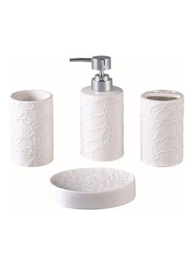 Buy 4-Piece Ceramic Bath Set Wave White/Silver Soap Dispenser 1x300, Tumbler, 1x300, Toothbrush Holder 1x300ml in UAE