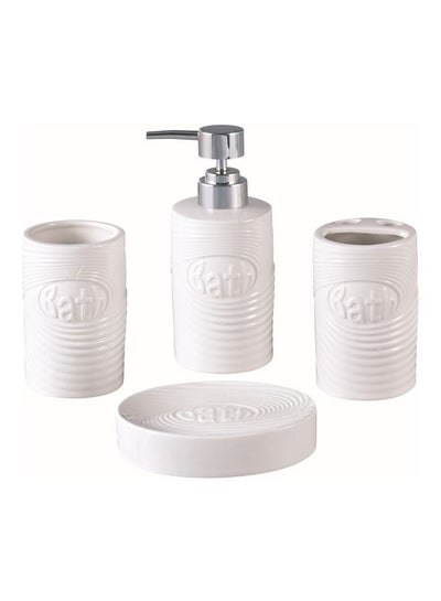 Buy 4-Piece Ceramic Bath Set Words White/Silver Soap Dispenser 1x300, Tumbler, 1x300, Toothbrush Holder 1x300ml in UAE