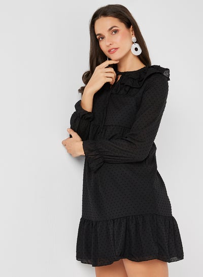 Buy Tie-Up Neck Textured Dress Black in Egypt