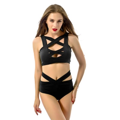 Buy 2-Piece Solid Bikini Set Black in Saudi Arabia