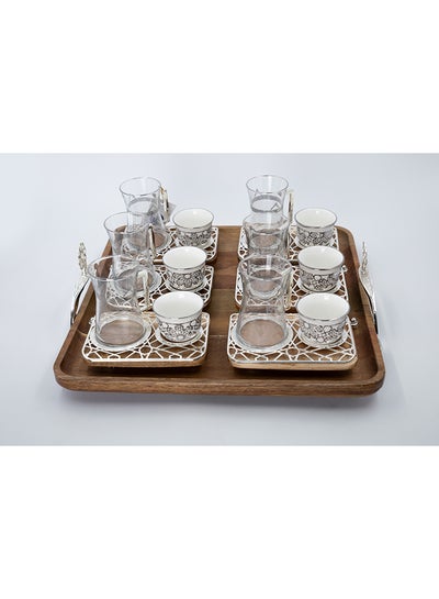 Buy Tea Cup With Saucer And Tray Set Silver/Clear/White 40x40x10cm in Saudi Arabia