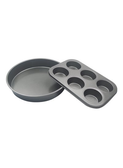 Buy 2 Piece Oven Pan Set - Made Of Carbon Steel - Round + Cupcake - Baking Pan - Oven Trays - Cake Tray - Oven Pan - Cake Mold - Dark Grey Dark Grey 2-Piece Set - Round + Cupcake in UAE