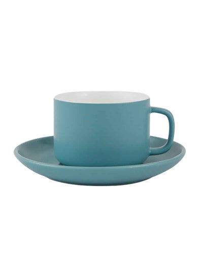 Buy Glazed Ceramic Square Handle Cup And Saucer Blue 210ml in UAE