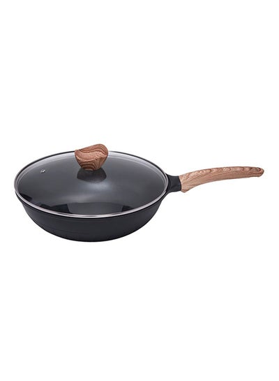 Buy Non Stick Wok Pan With Glass Lid Black/Brown 30cm in Saudi Arabia