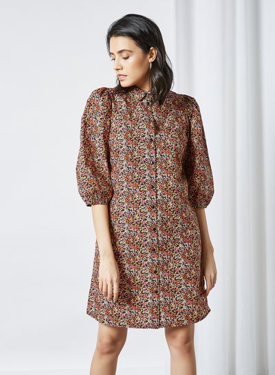 Buy Floral Puff Sleeve Shirt Dress Black in Egypt