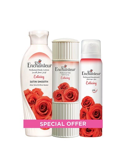 Buy Enticing Assorted Pack 250ml Lotion 125g Talc 150ml Perfumed Deo in UAE