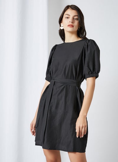Buy Solid Pattern Belted Detail Mini Dress Black in Egypt