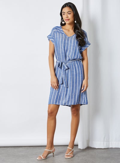 Buy Striped Belted Dress Celestial Blue in Saudi Arabia
