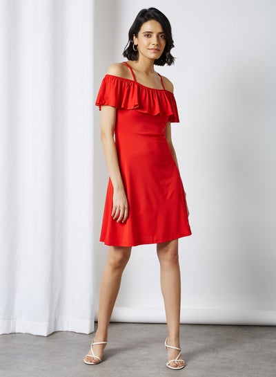 Buy Ruffle Detail Off-Shoulder Dress Goji Berry in Egypt