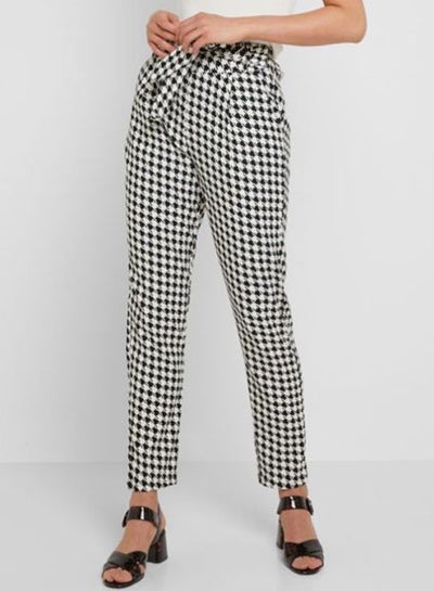 Checked High Waisted Self Tie Pants Black/White price in Saudi