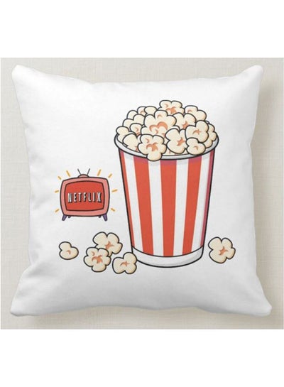 Buy Netflix And Popcorn Printed Decorative Pillow White 40x40centimeter in UAE