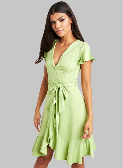 Buy Frill Hem Wrap Knee Length Dress Green in Egypt