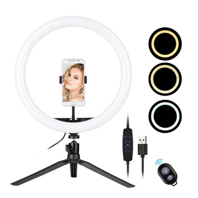 Buy 3 Colors LED Ring Light With Tripod Phone Clamp Holder Black/White in Egypt