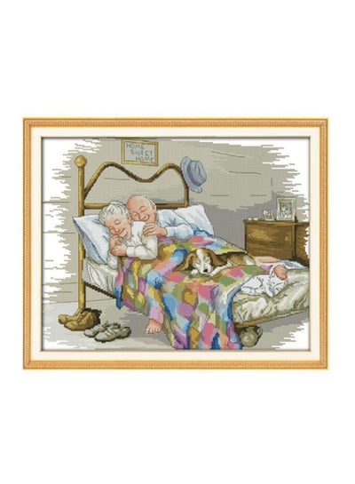 Buy The Old Married Couple Pattern Cross Stitch Kit With Pre Printed Canvas Cloth Grey/White/Gold 17.3 14x14inch in UAE