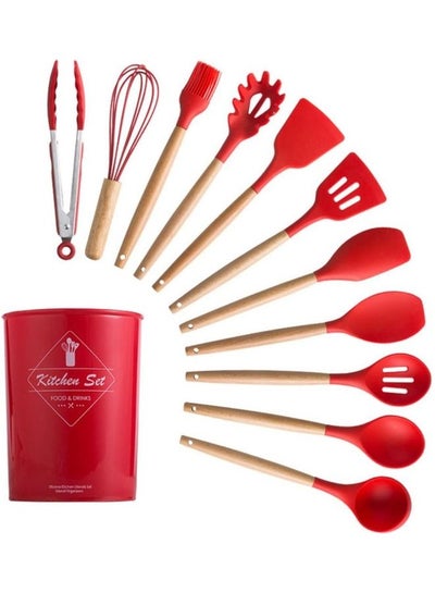 Buy 12-Piece Silicone Heat Resistant Kitchenware Set Red in Saudi Arabia