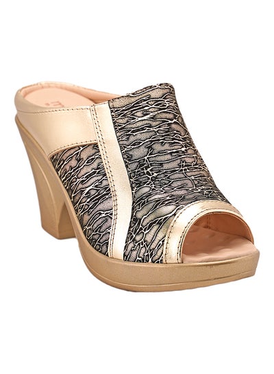 Buy 092-2000 Printed Peep Toe Mules Gold/Black in UAE