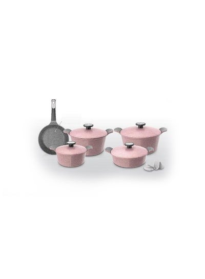 Buy 9-Piece Korean Granite Cookware Set Pink 8.5kg in Saudi Arabia