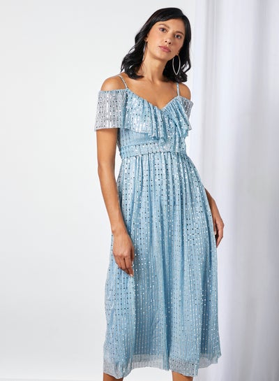 Buy Embellished Off Shoulder Dress Blue in UAE