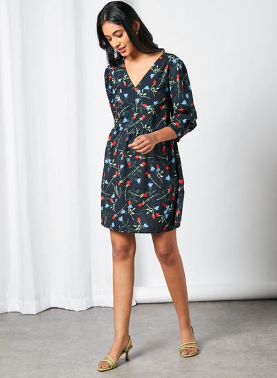 Buy Floral Puff Sleeve Dress Navy in Saudi Arabia