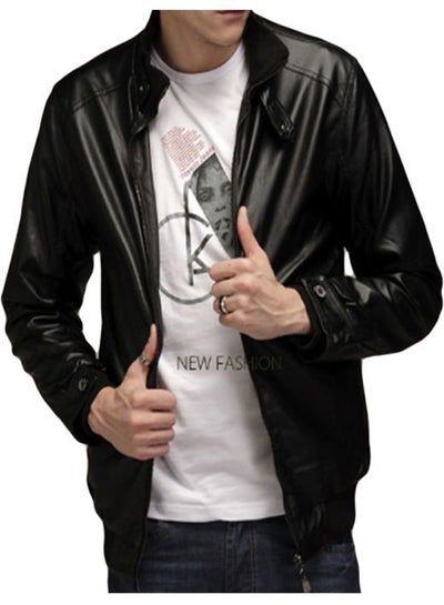 Buy Solid Leather Jacket Black in UAE