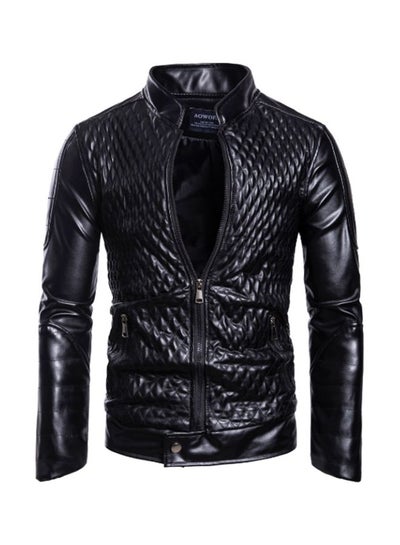 Buy Textured Biker Jacket Black in Saudi Arabia