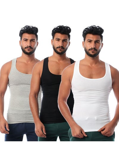 Buy 3-Piece Cotton Sleeveless Undershirt Set White/Grey/Black in Egypt