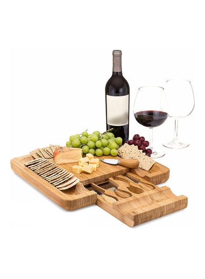 Buy Bamboo Cheese Cutting Board with Knife Set Wooden Serving Tray for Charcuterie Meat Platter Fruit Crackers Slide Out Drawer with 4 Stainless Steel Knives Brown 33*3.5*33cm in UAE