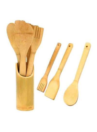 Buy 4-Piece Wooden Spoon Set With Stand Beige in UAE