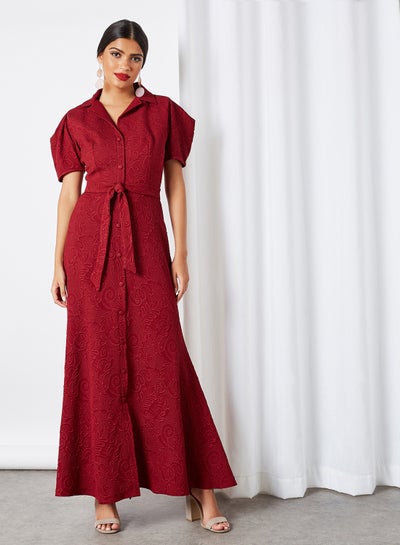 Buy Notched Collared Belted Dress Red in UAE