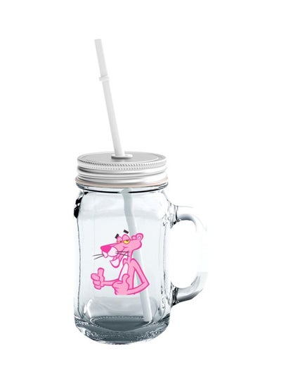 Buy Pink Panther Printed Jar With Lid And Straw Clear/Pink/Silver in UAE