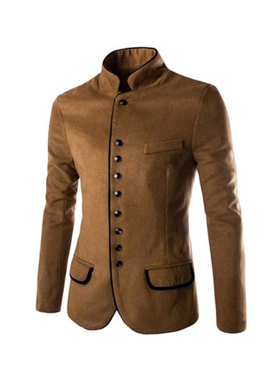 Buy Solid Pattern Trench Coat Brown in UAE