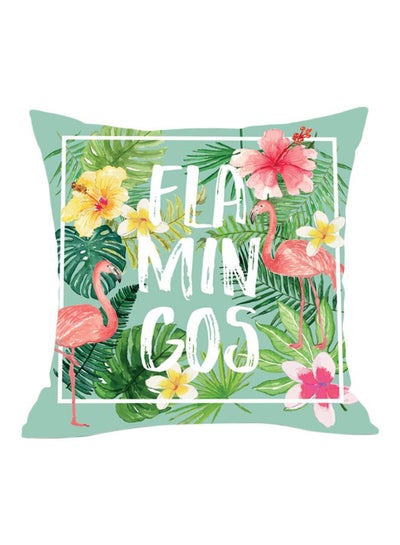 Buy Flamingo Printed Cushion Cover Green/Pink/Yellow 45x45cm in UAE