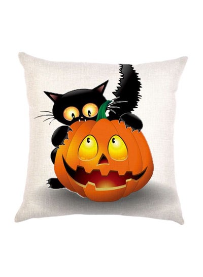 Buy Halloween Pumpkin Printed Cushion Cover Beige/Orange/Black 45x45cm in UAE