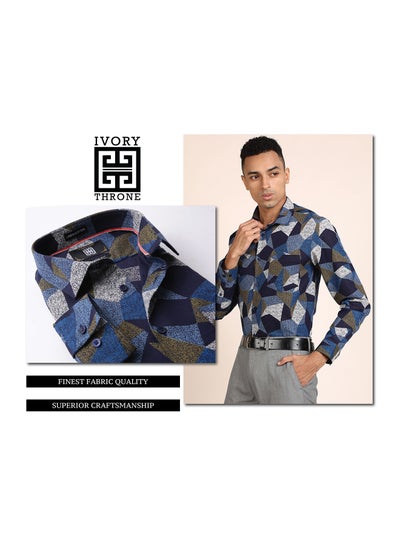 Buy Classic Printed Semi Cutaway Collared Formal Shirt White/Blue/Brown in UAE