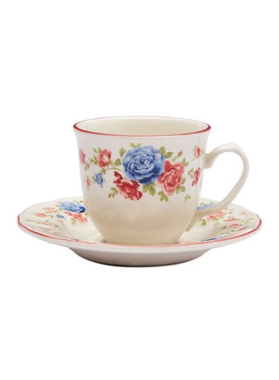 Buy Floral Printed Cup And Saucer Set Off-White/Blue/Red 200ml in UAE