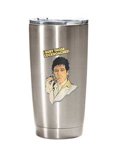 Buy Cockroaches Tony Montana Printed Travel Tumbler With Acrylic Lid Silver/Clear/Beige 20ounce in UAE