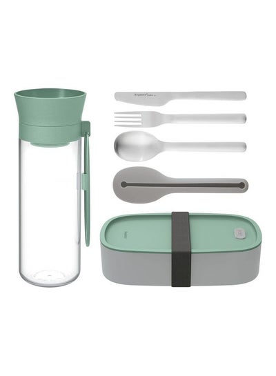 Buy 6-Piece Leo Lunch Set -1xLunch Box, 1xWater Bottle, 4xFlatware Green/Clear in Egypt