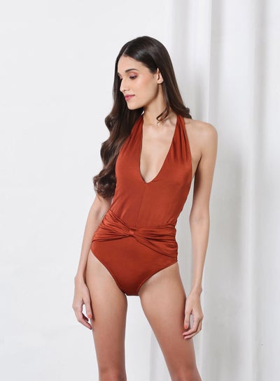 Buy Gathered Front Swimsuit Brown in Saudi Arabia