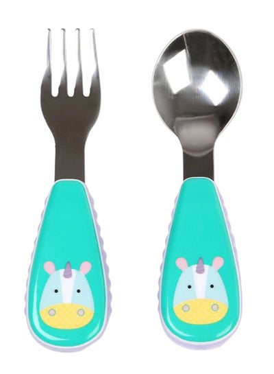 Buy Unicorn Print Zootensils Fork And Spoon, Pack Of 2 - Green/Silver in UAE