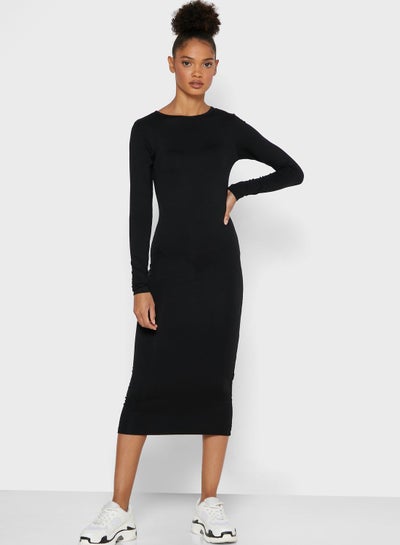 Buy Long Sleeve Bodycon Midi Dress Black in UAE
