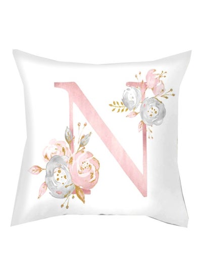 Buy Letter N With Floral Printed Cushion Cover White/Pink/Blue 45x45cm in Saudi Arabia