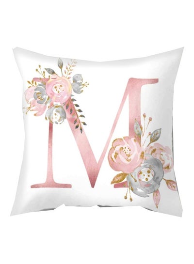 Buy Letter M With Floral Printed Cushion Cover White/Pink/Blue 45x45cm in Saudi Arabia