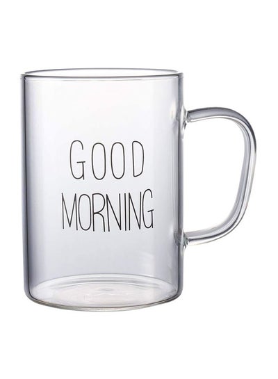Buy Good Morning Printed Glass With Handle Clear/Black 400ml in UAE