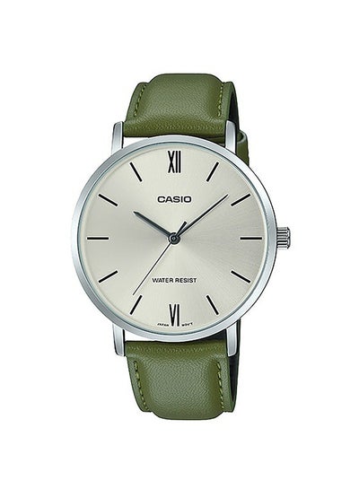 Buy Men's Leather Analog Quartz Wrist Watch MTP-VT01L-3BUDF Silver - 46 mm - Green in Egypt