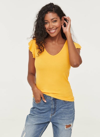 اشتري Solid Design Ruffle Sleeves Top Yellow في السعودية