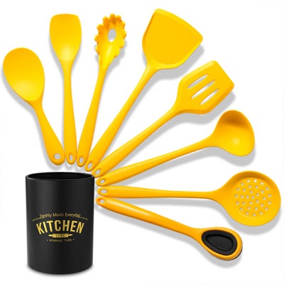 Buy 8-Piece Silicone Utensil Set With Storage Barrel Yellow 33 x 10 x 10cm in Saudi Arabia