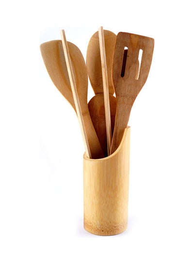 Buy 6-Piece Wooden Cutlery Set With Spoon Holder Beige/ Brown Beige/ Brown in Saudi Arabia