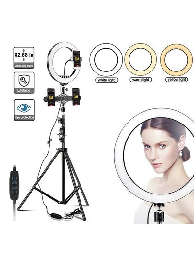 Buy 10 Inch Selfie Ring Light With Tripod Stand 210cm Equipped With 3 Cell Phone Holders Black/White in Egypt